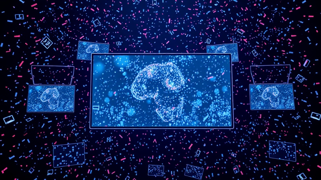 Completed AI film being exported and shared on multiple platform screens with celebration confetti