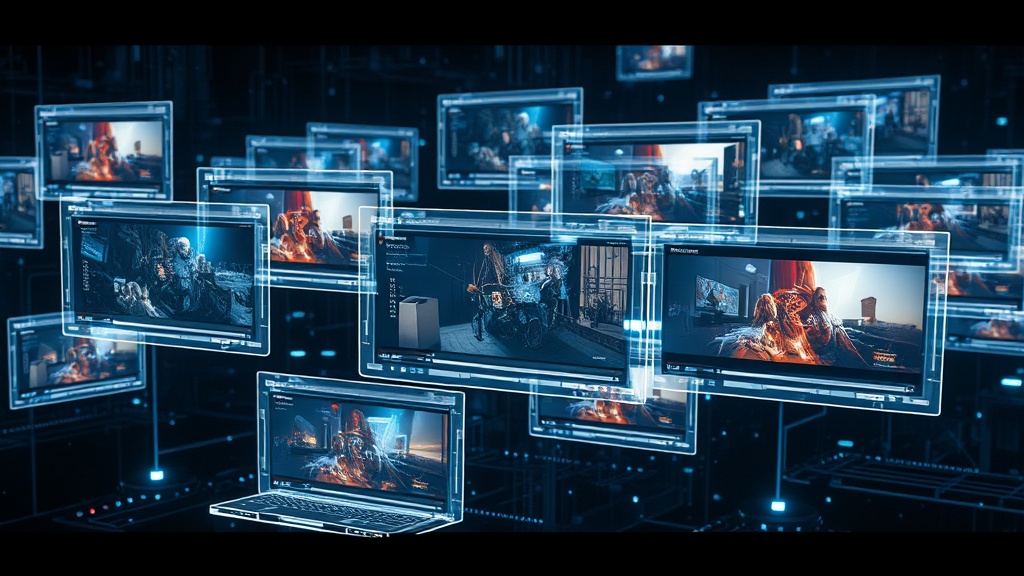 AI video generation models displayed as holographic cards floating in space, sci-fi interface