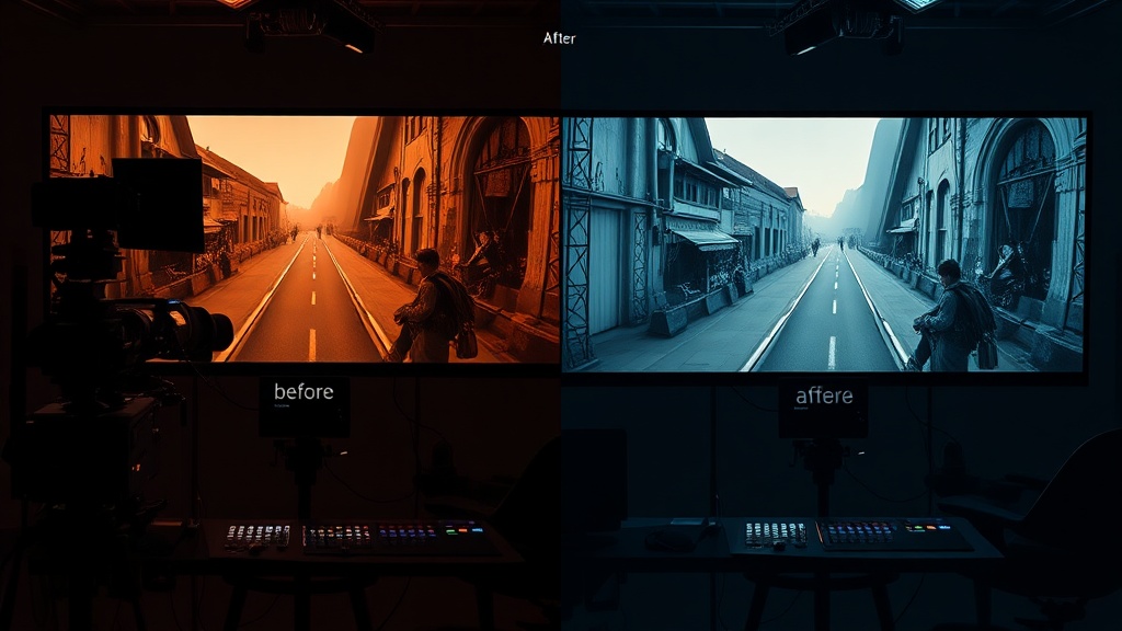 Post-production color grading suite with AI assistance and before/after film comparison