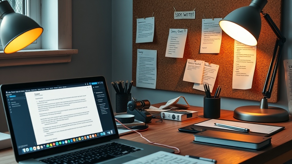 Screenwriter desk with laptop showing AI script editor and story notes on cork board