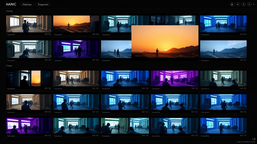 Digital storyboard with AI-generated scene thumbnails arranged in sequence, colorful frames