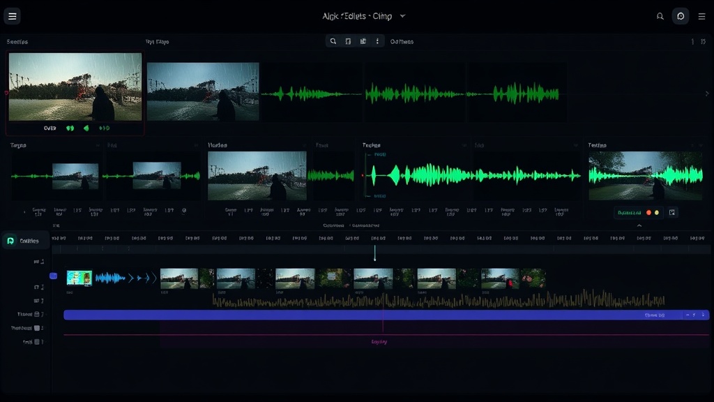 Video editing timeline with multiple tracks showing AI-generated clips, waveforms, and transitions