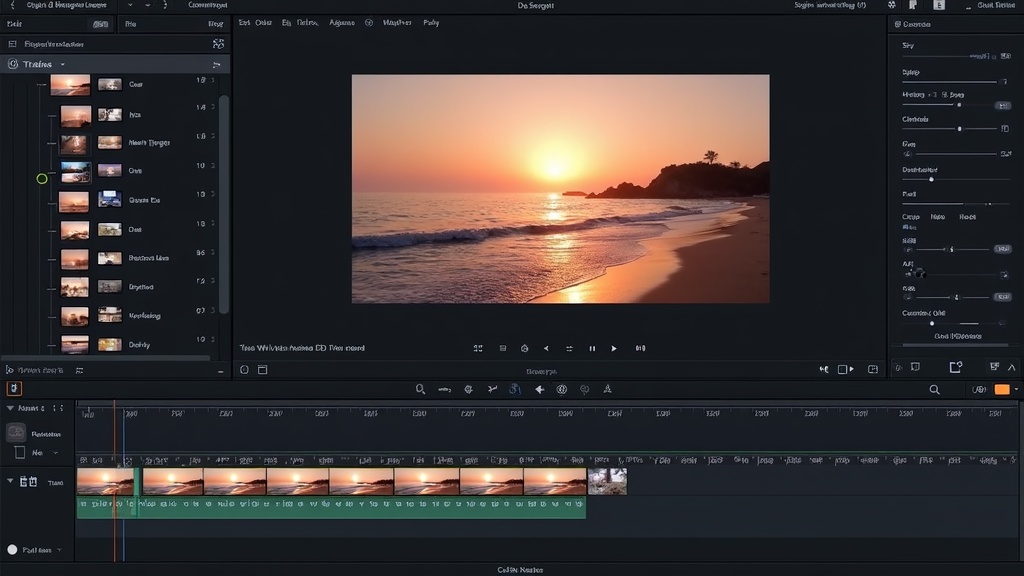 Three-panel AI video editor workspace showing structure tree, video preview, and properties panel