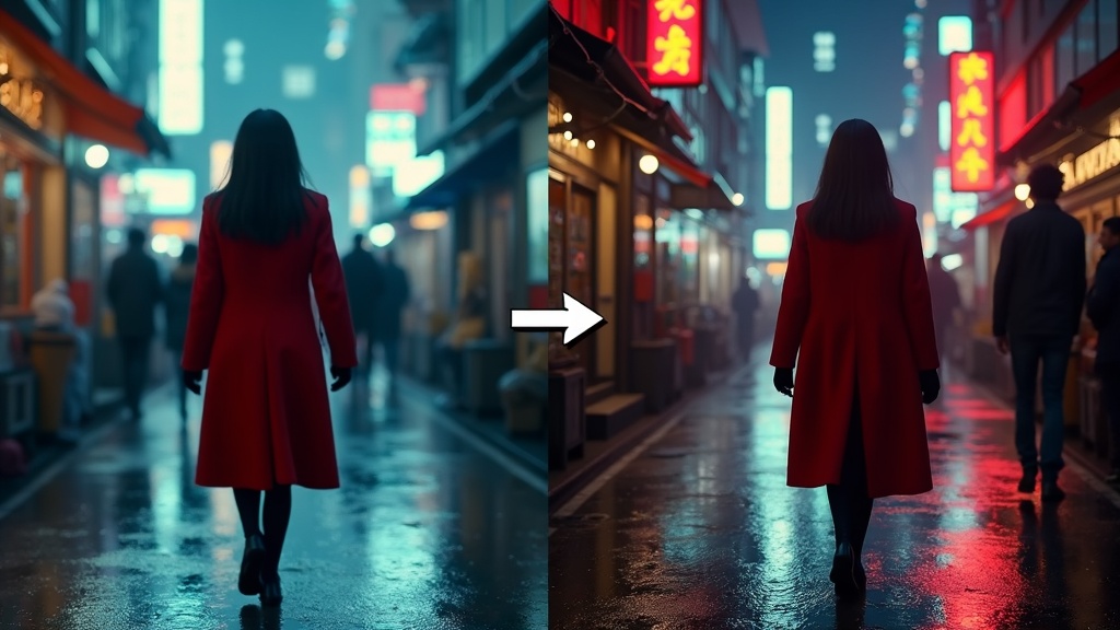 Before and after comparison: a vague AI video prompt producing blurry results versus a detailed prompt creating a cinematic scene