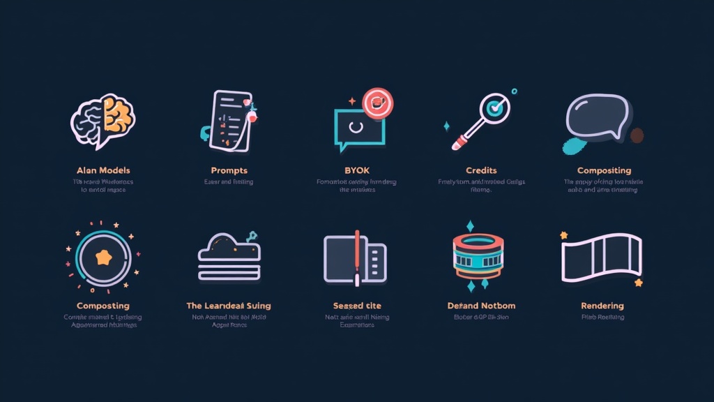Visual glossary of AI video editing concepts showing icons for AI Models, Prompts, BYOK, Credits, Compositing, Timeline, and Rendering