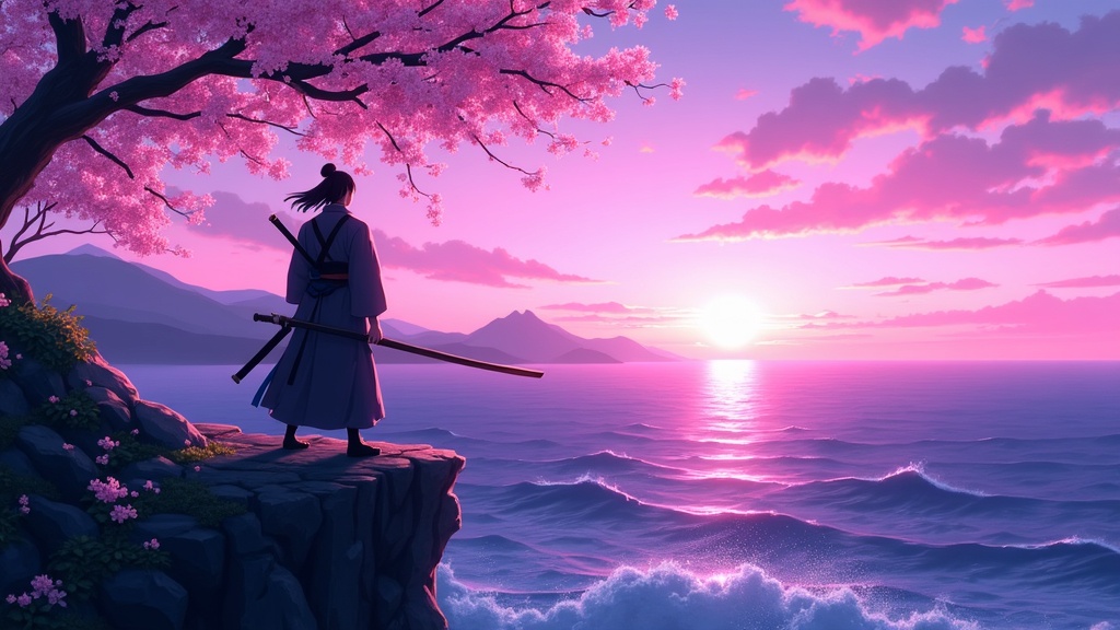 Stylized anime scene of a samurai at sunset with cherry blossoms, showcasing Hailuo AI video generator style capabilities