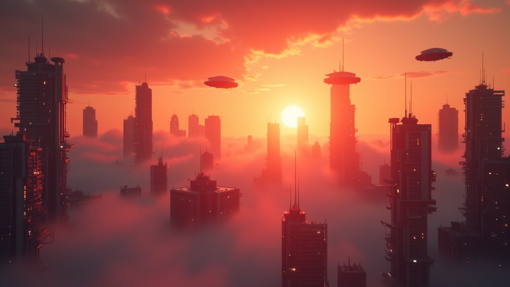Cinematic 4K HDR scene of a futuristic city at sunset, demonstrating premium AI video generation quality from Kling 3.0