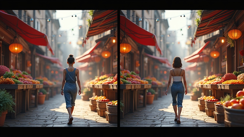 Side-by-side quality comparison showing draft vs final render of the same AI-generated scene