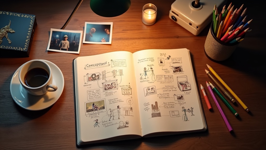 Creative brainstorming scene with notebook, reference photos, and colored pens on a wooden desk for AI movie concept development