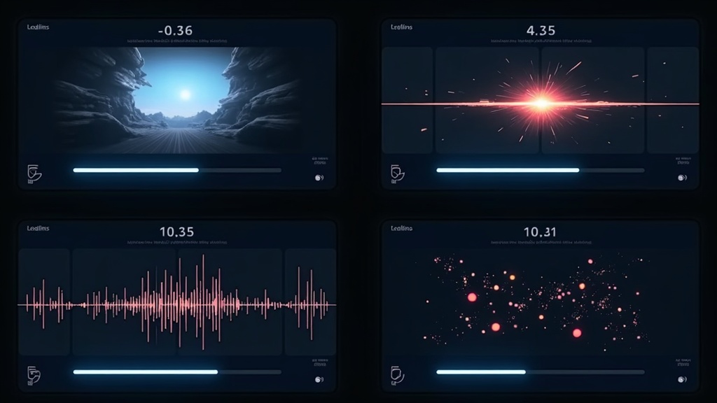 Multi-model AI generation in progress showing simultaneous video rendering, image creation, audio synthesis, and music composition