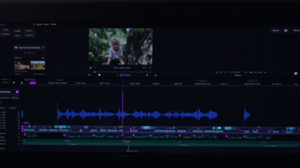 Professional multi-track timeline editor showing video clips, audio narration, music tracks, and text overlays for AI film editing