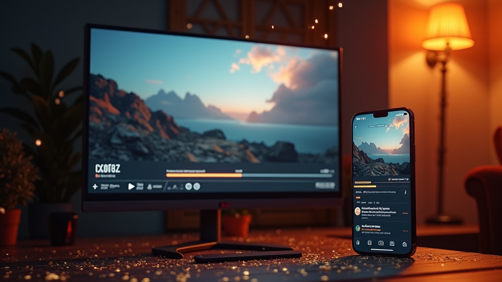 Final AI movie export scene showing rendered film on monitor and social sharing on phone with celebration