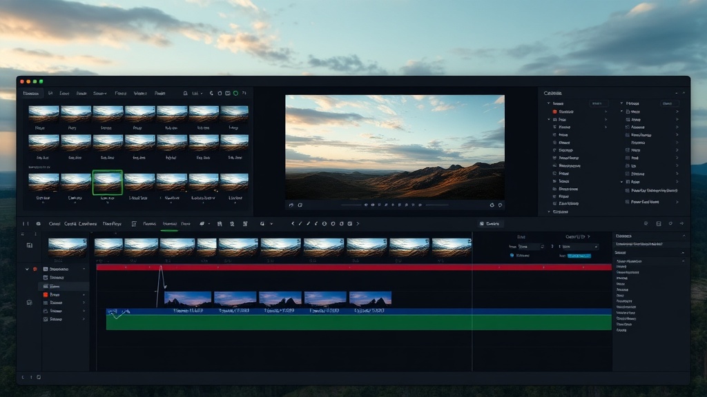 Filmaris editor interface showing multi-track timeline with AI-generated video, audio, and text layers