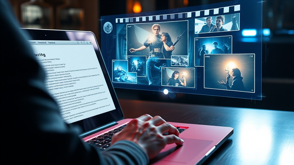 Script analysis interface breaking a screenplay into AI-generated scenes with video and audio prompts