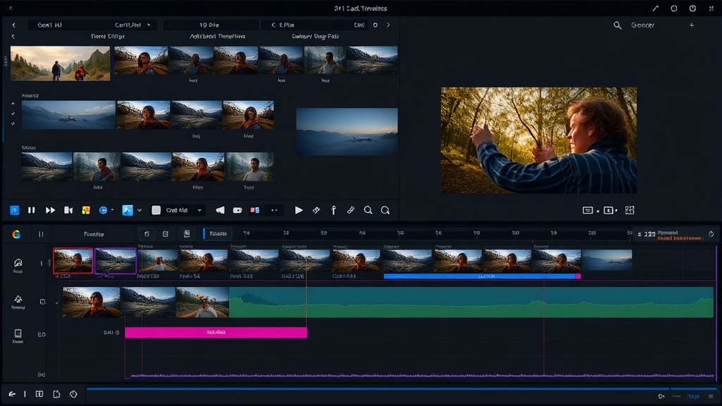 Multi-track timeline editor with video layers, audio waveforms, and compositing controls for AI-generated film