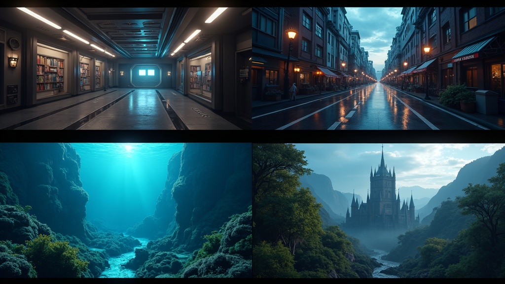 Four AI-generated movie scenes: space station, Tokyo street, underwater kingdom, and medieval castle