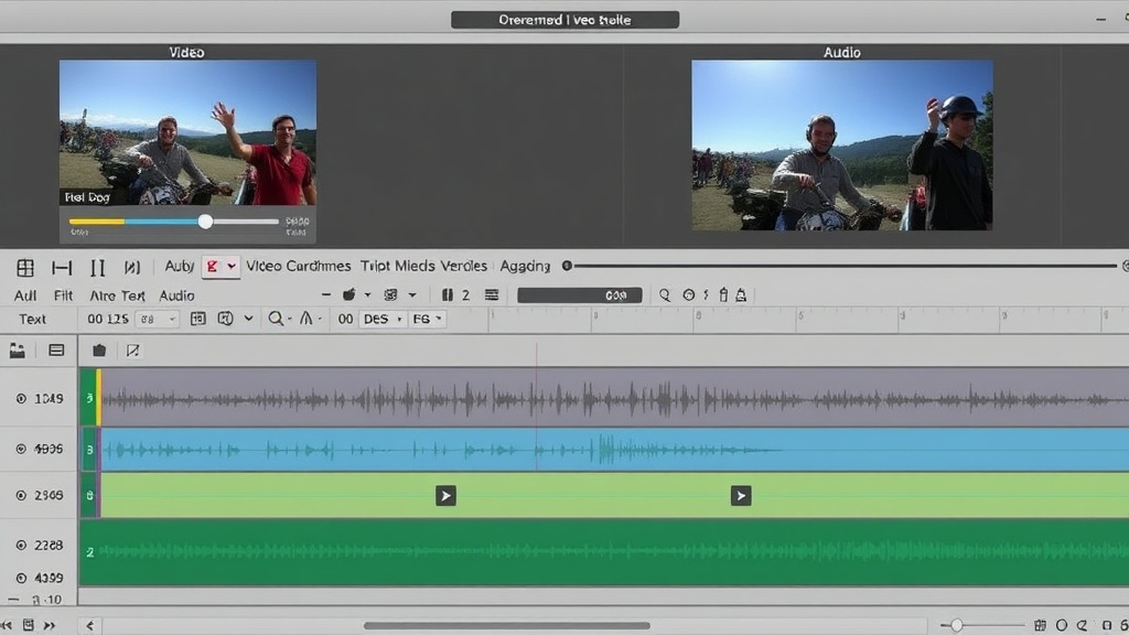 Multi-track timeline zoomed in showing frame-level editing with video, audio, and text tracks