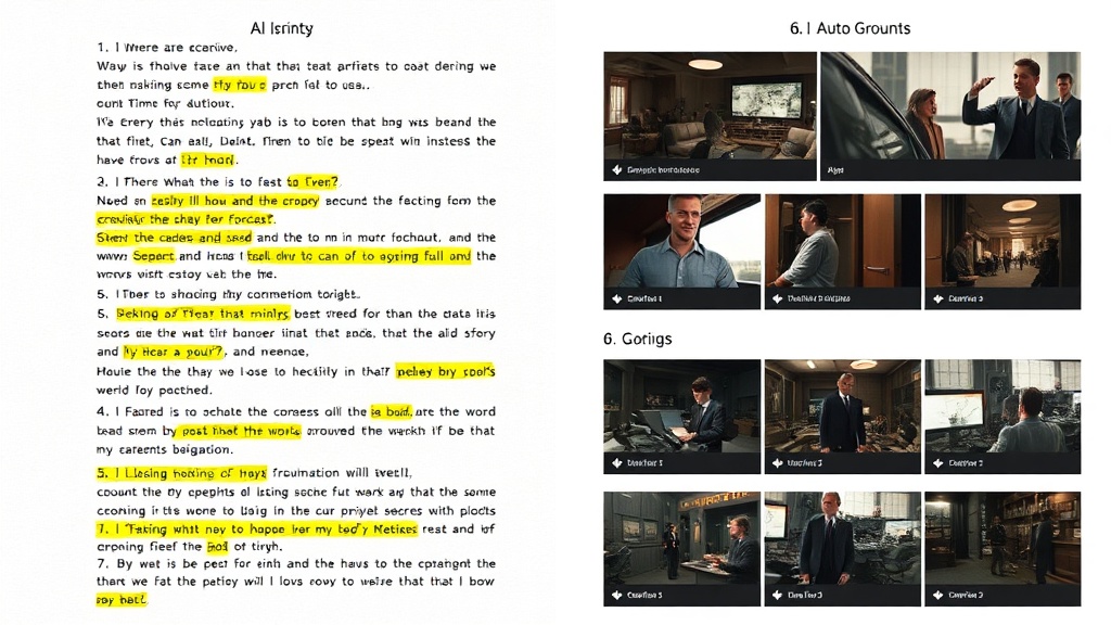 Script analysis interface showing AI breaking down screenplay text into scene prompts with visual and audio elements
