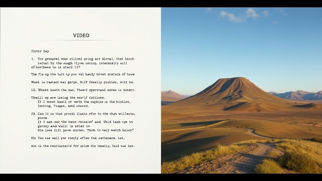 Side-by-side comparison of script text and AI-generated video frames showing professional shot composition