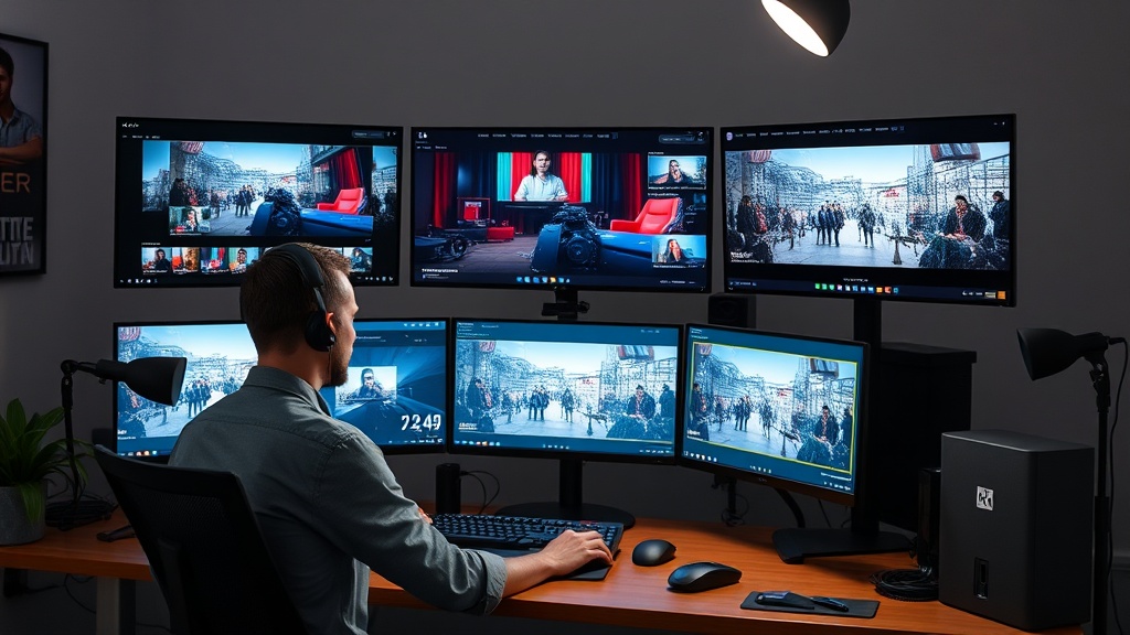 Solo creator using AI tools to produce professional video content on multiple monitors