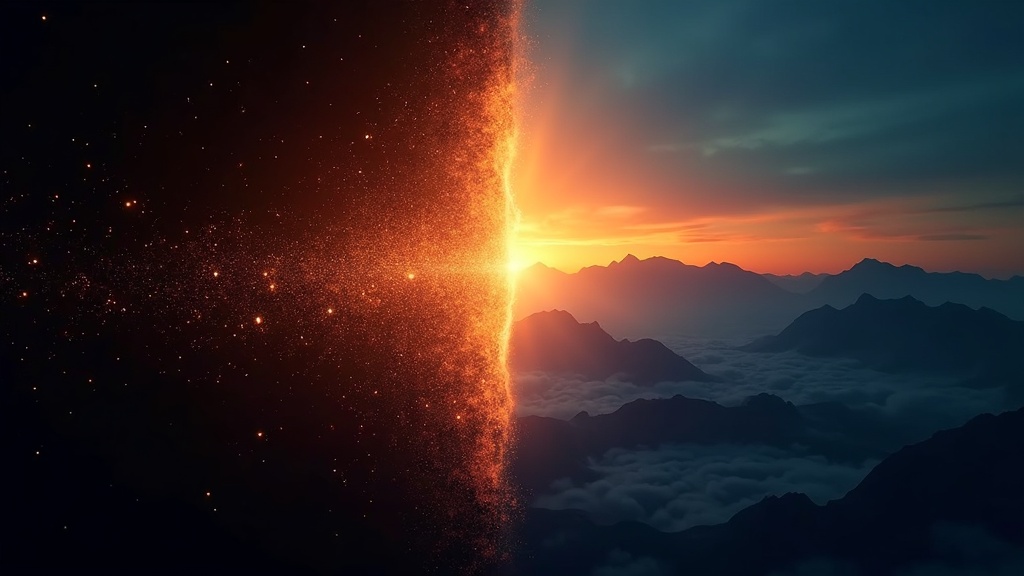 Visualization of text descriptions dissolving and transforming into vivid cinematic video scenes