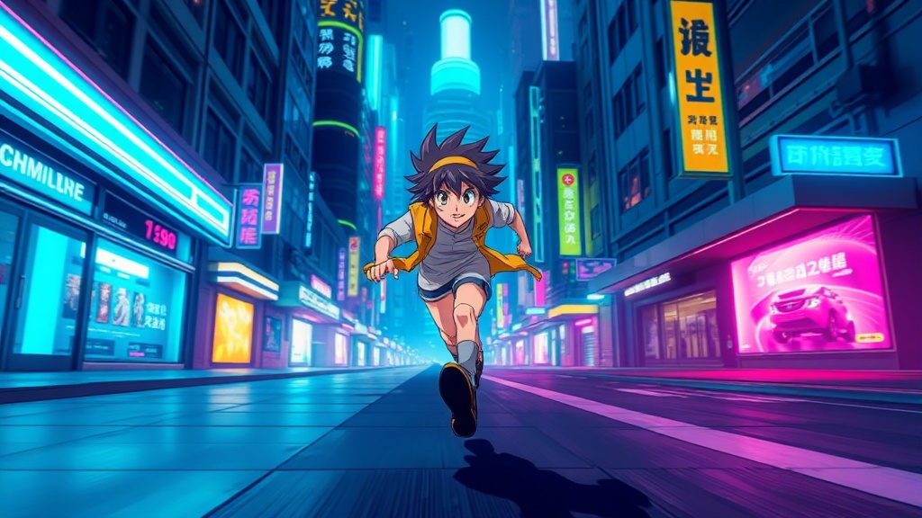 Filmaris editor displaying anime style settings with cel shading applied to a character running through a neon-lit city street