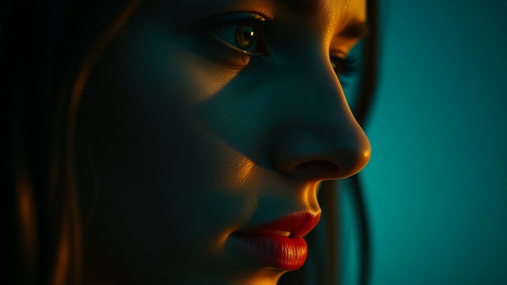 Filmaris editor with cinematic style applied showing 35mm film grain texture and dramatic low-key lighting on a character portrait