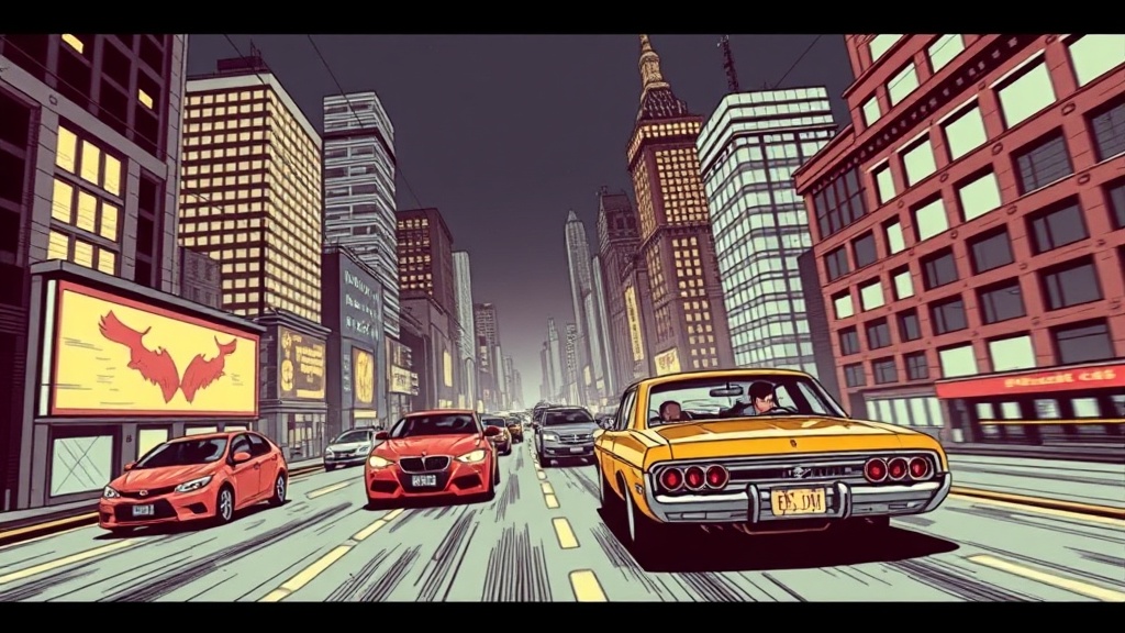 Filmaris editor showing comic style settings with bold ink outlines and halftone dot texture on an action scene with a character leaping between buildings