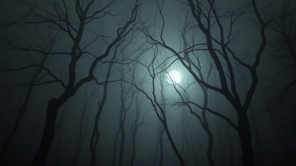 Filmaris editor showing horror style settings with muted desaturated colors and heavy film grain on a dark forest scene with fog