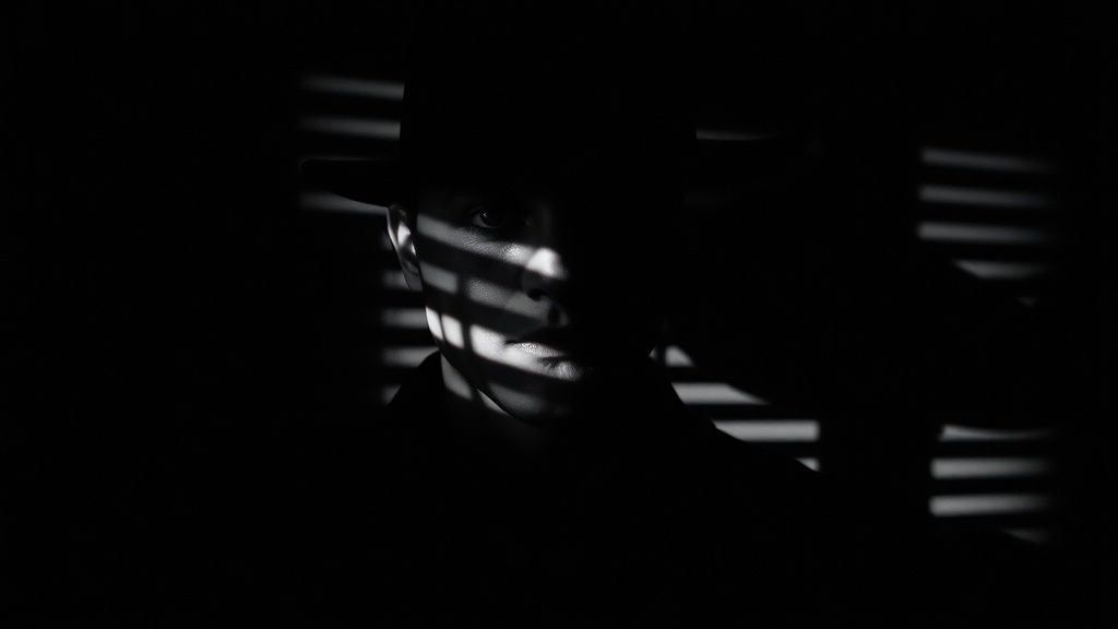 Filmaris editor showing noir style with high contrast black-and-white lighting applied to a character portrait with venetian blind shadows